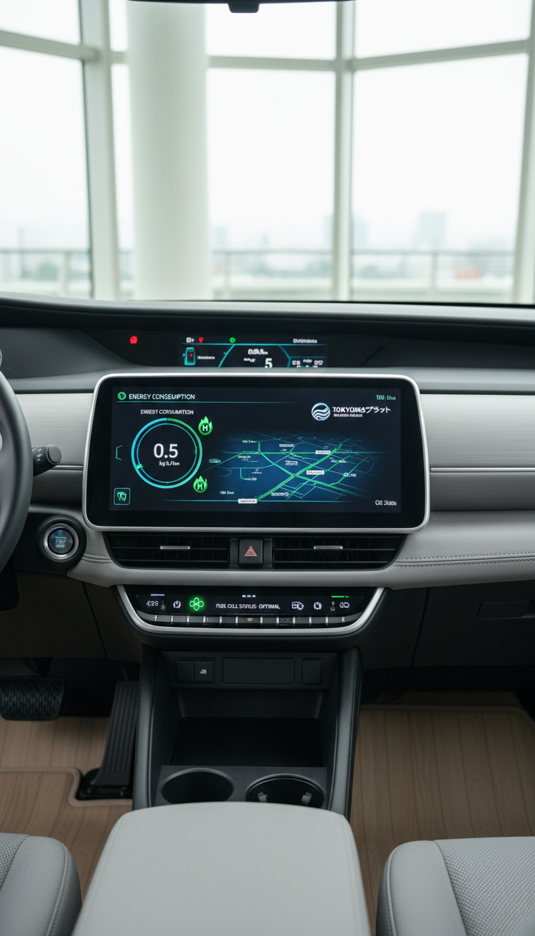 A minimalist, stylish dashboard display inside a hydrogen taxi, featuring a high-resolution digital interface with route maps, energy consumption metrics, and green hydrogen icons. The dashboard surface is finished in matte black with brushed aluminum accents, and the interface emits a cool, subtle glow. The setting is an uncluttered, modern vehicle interior with structured lines and understated materials in soft gray tones. Diffused natural light from wide windows highlights the clean surfaces and enhances the display’s legibility. Shot from the passenger’s perspective, centered composition draws attention to the technology and corporate professionalism. The mood is efficient and innovative, photographic in realism, and aligns with a premium business aesthetic representative of the TOKYOH2プロジェクト brand.